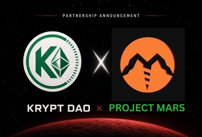 A partnership announcement graphic featuring the logos of KRYPT DAO and PROJECT MARS on a space-themed background with Mars visible at the bottom.