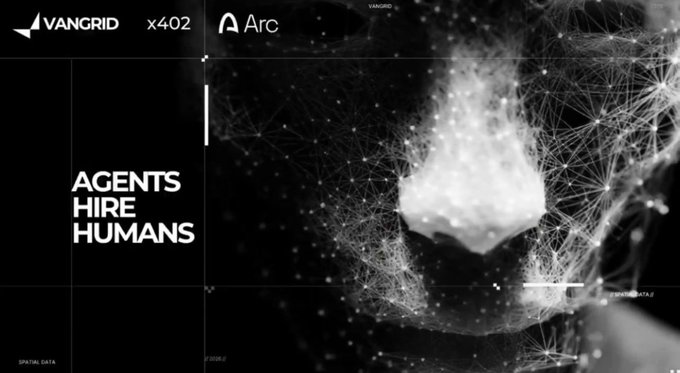 A dark, stylized graphic with 'VANGRID x402 Arc' text, 'AGENTS HIRE HUMANS', and a wireframe face with a glowing nose.