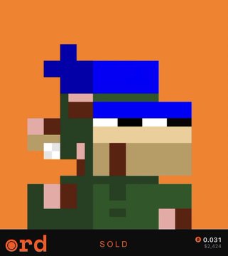 Pixel art NFT of a soldier wearing a blue beret in green camouflage, labeled "SOLD" with "0.031 ETH" and "ord" branding on an orange background.