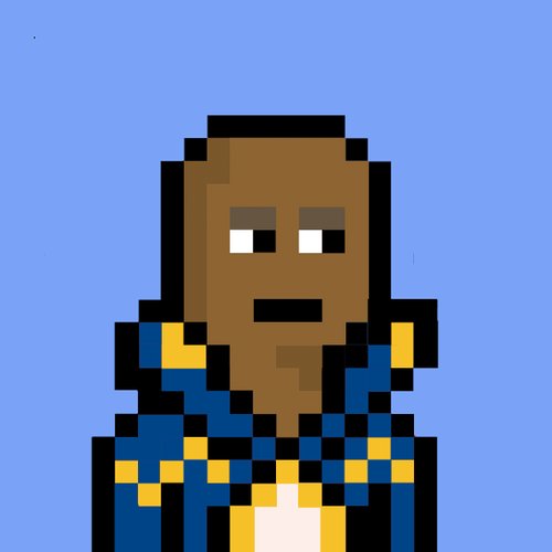 A pixel art portrait of a Black male character with a neutral expression, wearing a blue and yellow outfit against a solid light blue background.