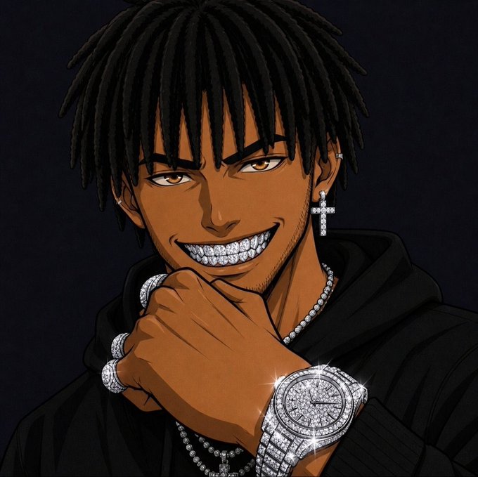 An anime-style illustration of a man with dreadlocks, a diamond-encrusted grill, a cross earring, and a luxury watch, wearing a black hoodie.