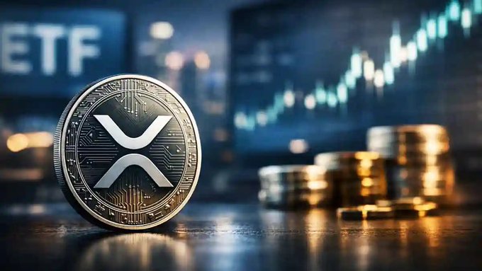 A gleaming silver XRP coin stands prominently in the foreground, with the "ETF" text visible on a screen in the blurred background alongside an ascending chart, visually reinforcing the post's message about XRP evolving into global financial infrastructure beyond just a cryptocurrency investment.