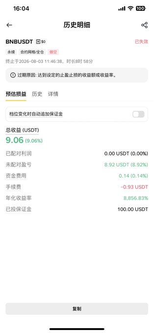 A mobile screenshot showing the historical details of an expired BNBUSDT perpetual grid trading strategy on Binance, displaying a total P/L of 9.06 USDT (9.06%) over 58 minutes with 8.92 USDT in unrealized profit and 0.14 USDT in funding fees. The image illustrates the modest "hair" (profit) extracted from the Binance grid coupon, matching the post's mention of milking 9u from inventory grid coupons.