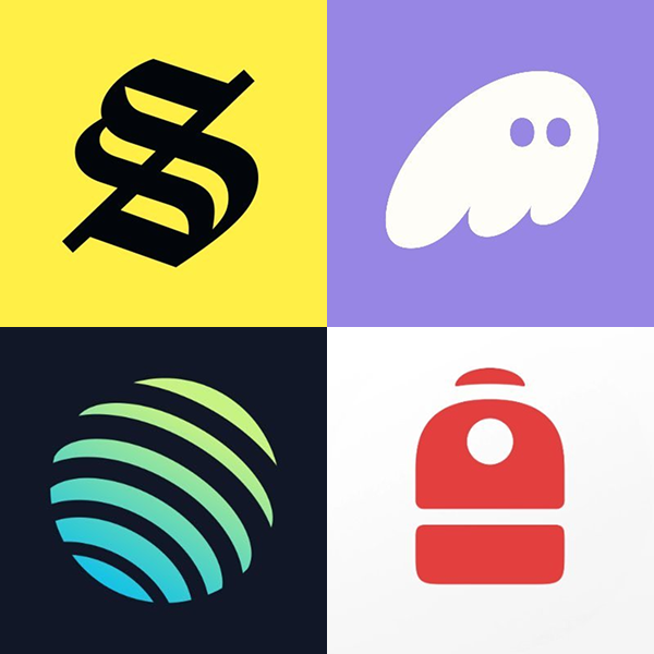 A four-panel graphic displaying fintech/payment brand logos: a black stylized 'S' on yellow, a white ghost-like character on purple, a green/blue striped sphere on dark navy, and a red stylized icon on light gray.