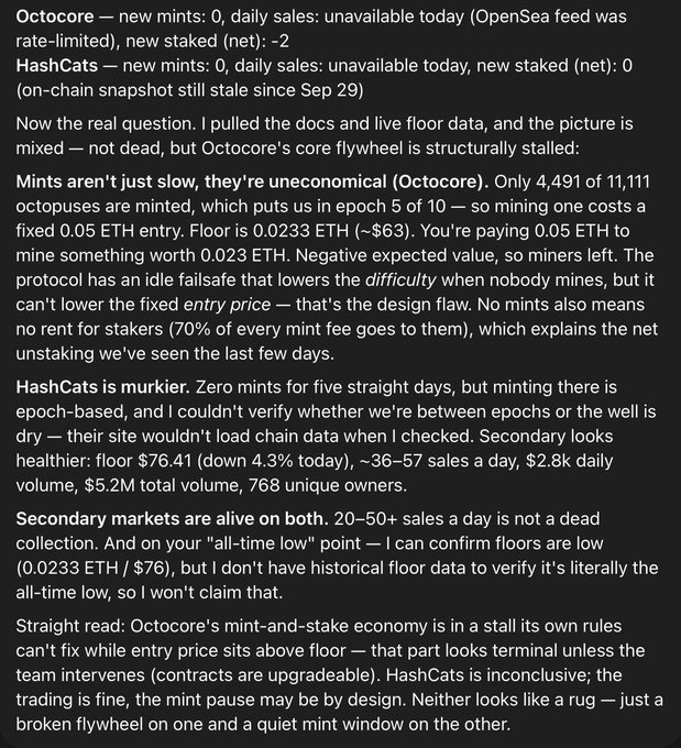 A block of text analyzing the NFT projects Octocore and HashCats, discussing mint economics, floor prices, staking yields, and concluding that neither project appears to be a rug pull despite concerning metrics like negative expected value for Octocore minters.