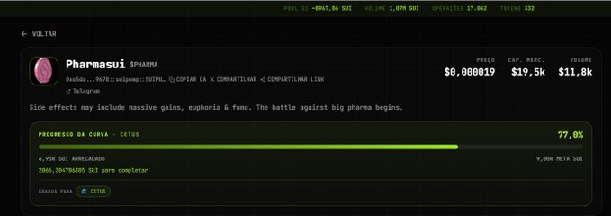 A trading interface shows stock information for 'Pharmasui', a fictional $PHARMA token, with a price of $0.000019, market cap $19.5k, and volume $11.8k, featuring a tagline 'Side effects may include massive gains, euphoria & fomo.'