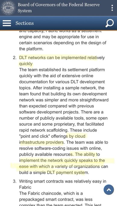 A screenshot of a Federal Reserve Board publication discussing distributed ledger technology (DLT) networks, highlighting a highlighted section stating "The ability to implement the network quickly speaks to the ease with which a variety of organizations can build a simple DLT payment system," which supports the post's argument about the rapid deployability of DLT-based payment systems like Ripple/XRP.
