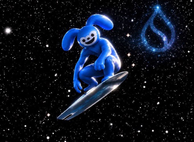 An artistic rendering of the blue Jax character from The Amazing Digital Circus riding a silver object through a starry space background with a flame symbol.