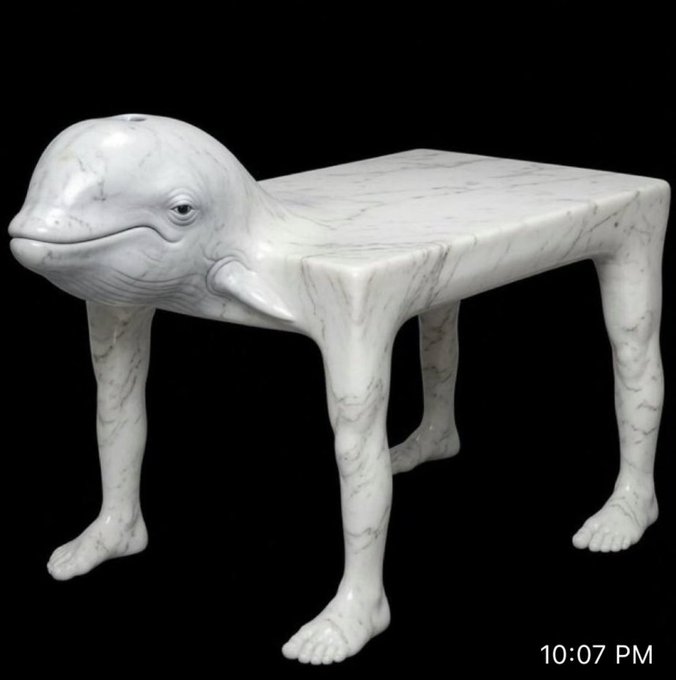 A marble sculpture of a turtle or amphibian-like creature with a human-like face, serving as a table or bench, displayed against a black background with a '10:07 PM' timestamp.