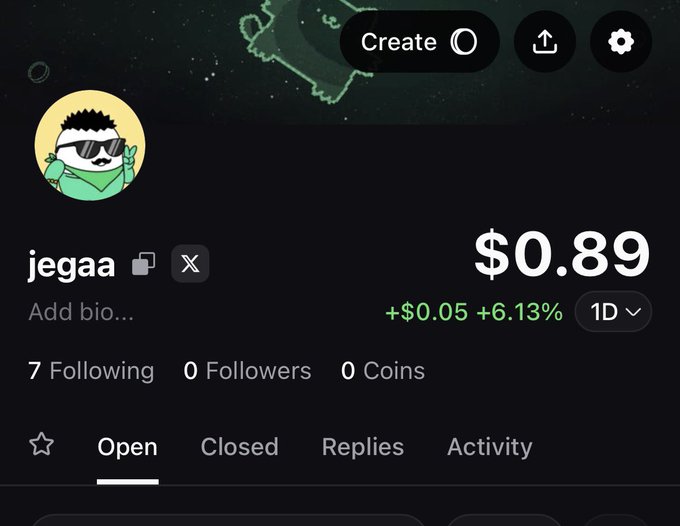 A dark-themed profile page for user 'jegaa' showing a cartoon avatar, 0 followers, a coin value of $0.89 (+$0.05), and a 'Create' button at the top.