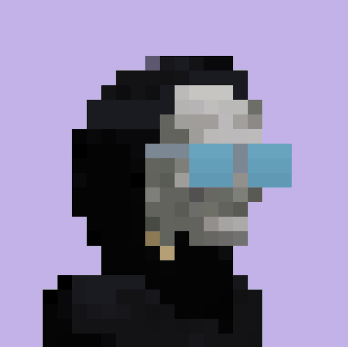 A pixel art portrait depicts a figure with dark skin and long dark hair wearing bright blue visor sunglasses against a light purple background.
