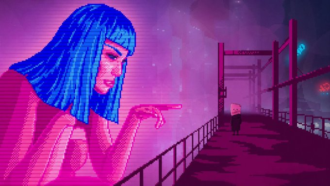 A pixel art image featuring a blue-haired woman in the foreground pointing toward a figure wearing a box on its head, standing on a pink and purple industrial walkway.