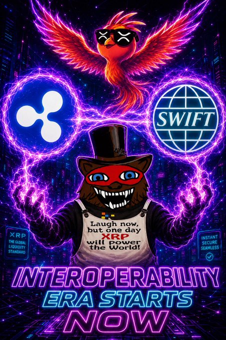 The poster features a cartoon cat with a top hat and sunglasses, holding two coins and surrounded by neon lights that represent the words "swift" and "XRP". The cat appears to be laughing as if it has just dropped the coins on its head. The text in the image reads, "Interoperability era starts now", which suggests that the poster is promoting a new era of interconnectedness and collaboration between different systems or platforms.

The phrase "interoperability isn't just a buzzword" implies that the cat's actions symbolize the idea that interconnected systems can be more convenient and powerful than isolated ones, as they allow for seamless communication and cooperation among various parties. The image also includes the words "XRP", which is a cryptocurrency, further emphasizing the theme of interconnectedness in this context.