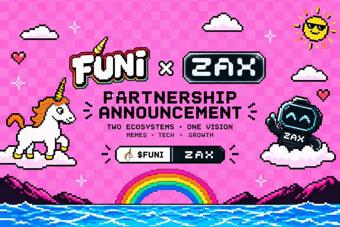 A pixel-art style partnership announcement graphic on a pink checkered background featuring a unicorn ($FUNI) and a robot mascot (ZAX) beneath a smiling sun, with text reading "FUNI × ZAX – PARTNERSHIP ANNOUNCEMENT – TWO ECOSYSTEMS · ONE VISION – MEMES × TECH × GROWTH," visually reinforcing the collaboration between the two projects.