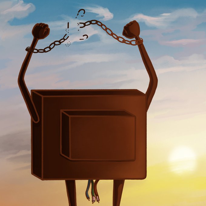 Digital illustration of a brown, boxy robot with thin legs and dangling wires, held by a broken chain at sunset with a question mark floating above.