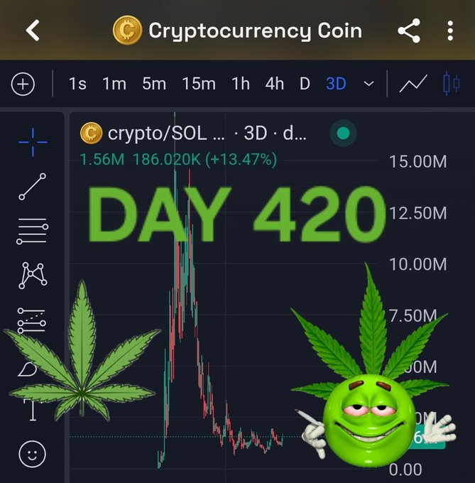 A screenshot of a cryptocurrency trading chart showing the SOL token with a sharp price spike and decline, overlaid with green text reading 'DAY 420' and graphics of marijuana leaves and a green smiley face.