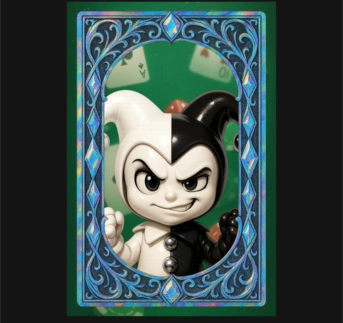 A collectible card featuring a jester-like figure with a black and white jester hat, an angry expression, and a mischievous smile, framed by an ornate blue border.