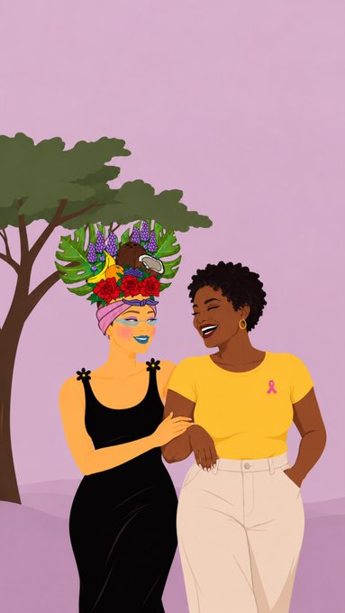 A colorful digital illustration depicts two smiling women standing together outdoors against a purple background, with one wearing a large, elaborate headpiece featuring tropical leaves and a bird.