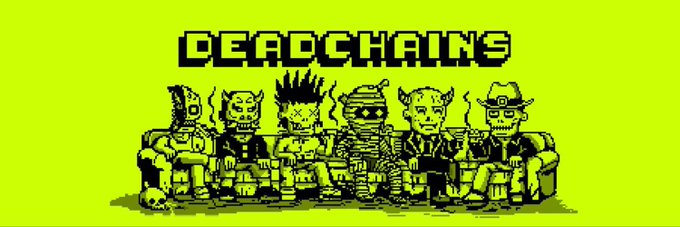 A pixel-art style banner with 'DEADCHAINS' text on a bright green background, showing six zombie-like characters with various costumes.