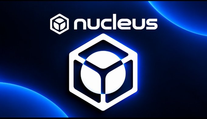 The 'nucleus' logo appears in white text beside a geometric hexagonal icon, set against a dark blue background with glowing blue curved accents.