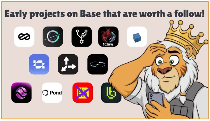 The image features a cartoon lion wearing a crown with the text "Early projects on Base that are worth a follow!" written above him. Below this, there are various app icons displayed, including ones for Pond, IOTA, Ripple, and others. The lion is holding a cell phone in his hand, suggesting he might be using it to browse or interact with these apps.