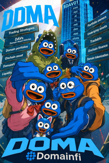 A promotional graphic features cartoon blue ducks in various outfits with the text 'DOMA' and 'Domainfi,' listing terms like 'Trading Strategies,' 'DAVs,' 'Domain portfolios,' 'Onchain asset,' 'Liquidity,' and various domain extensions.