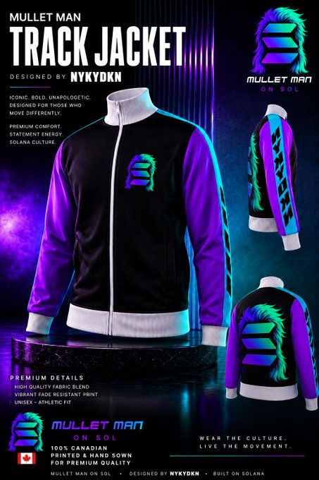 A promotional graphic showcases the "MULLET MAN Track Jacket" designed by NYKYDKN, featuring black fabric with purple sleeves, a vibrant gradient logo on the chest, and "MULLET MAN" text down the arm, with marketing text emphasizing its 100% Canadian printed and hand-sewn construction and Solana branding.