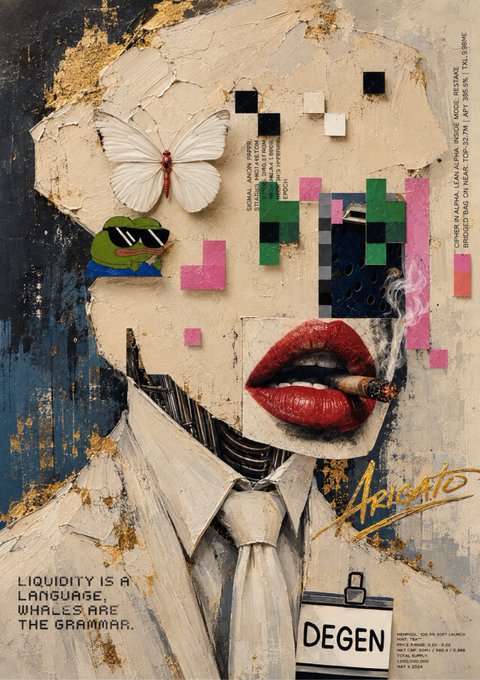 A mixed-media collage artwork featuring a face composed of a white butterfly where one eye should be, pixelated Tetris-like blocks, red lips smoking a cigar, and text reading 'LIQUIDITY IS A LANGUAGE, WHALES ARE THE GRAMMAR,' 'Degen,' and 'ArtistTO.'