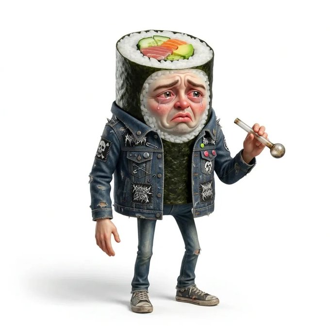 The image features a unique statue of a person dressed as a sushi roll, complete with a face made out of seaweed and a jacket that resembles a denim jacket. The statue appears to be holding a cigarette in its hand, giving off an impression of a sad or distressed character. The statue is part of the BRAINROT NFT Collection, which consists of various artworks by different artists. The post mentions that this particular artwork has already reached 180ETH and has been viewed at least once.