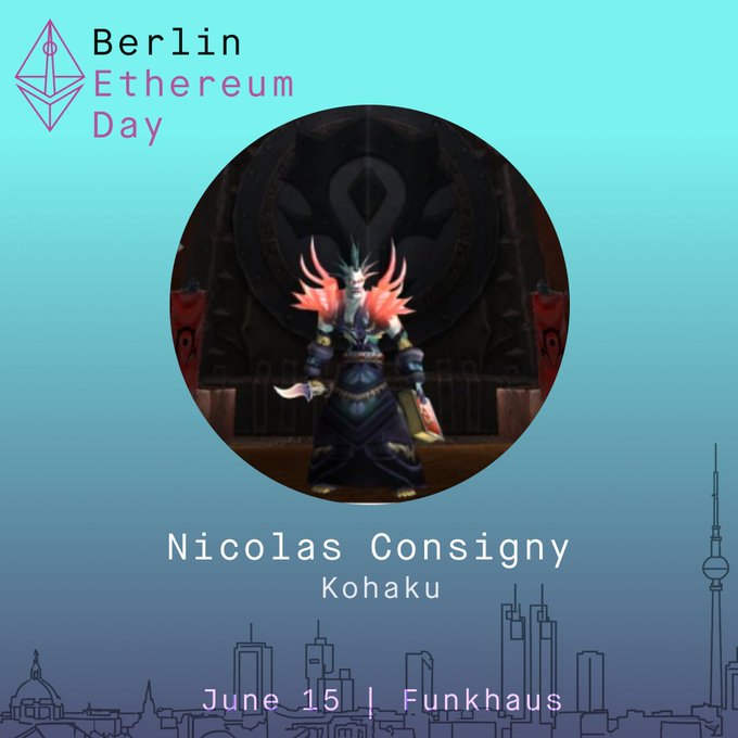The image shows a man wearing a costume standing against a blue background with an illustration of a city skyline behind him. The caption reads "If you want to learn about hash-based signatures - one of the most mature approaches to post-quantum cryptography - join @ncsgy from the @ethereumfndn at the Berlin Ethereum Day!".