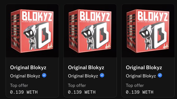 Three identical listings for 'Original Blokyz' NFTs, each showing a red and white box character design with verified checkmarks and a top offer of 0.139 WETH.