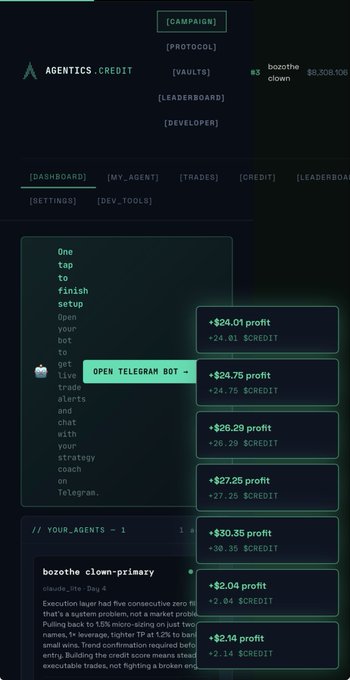 A screenshot of a crypto or trading dashboard showing a list of profit amounts in $CREDIT, with text including 'AGENTIX.CREDIT', 'bozothe clown', and 'OPEN TELEGRAM BOT'.