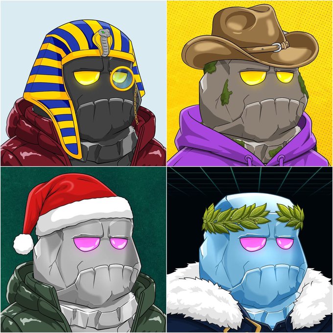 Four illustrated character portraits in a 2x2 grid, each featuring a stone/robotic face with glowing yellow or pink eyes, styled with different accessories including a pharaoh headdress, cowboy hat, Santa hat, and laurel wreath.