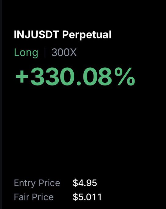 A trading position card showing a long INJUSDT Perpetual position at 300X leverage with a +330.08% gain, entered at $4.95 with a fair price of $5.011. The image illustrates the poster's high-leverage success on $INJ, reinforcing their warning that viewers should not copy such risky strategies and trade within their own comfort zone.