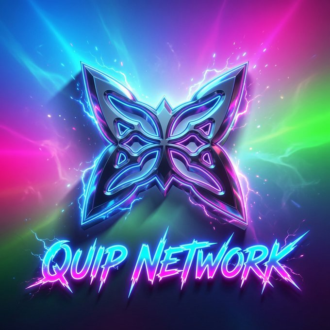 A stylized butterfly logo rendered in glowing neon blue and purple, surrounded by electric lightning effects against a vibrant rainbow gradient background, with the text "QUIP NETWORK" displayed in bold, glowing letters beneath it. The butterfly's luminous, energetic design visually reinforces the post's theme of dynamic, energy-efficient consensus, symbolizing transformation and the flutter of decentralized computation contributing to meaningful work.