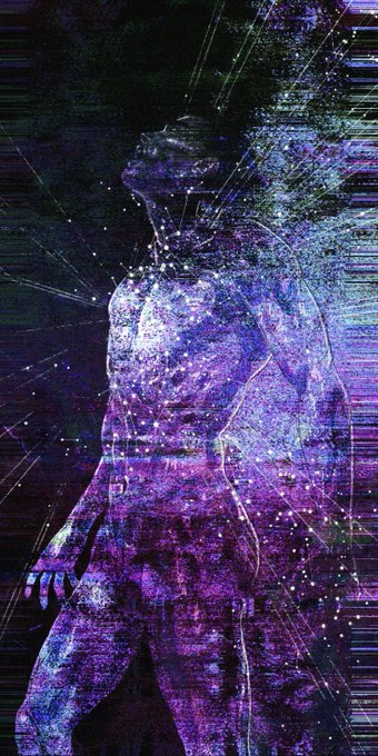 Abstract digital artwork featuring a humanoid figure rendered in purple and blue glitch-like textures with geometric lines and scattered white particles.