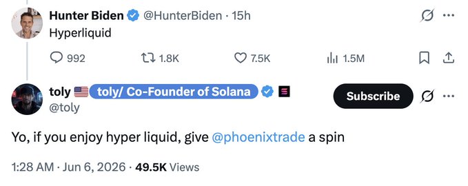 The image features a photo of a person with the caption, "有一说一", which seems to be part of an internet post or social media content. The post also mentions several people, including "Hunter Biden" and "Toly Co-Founder of Solana". Another element in the picture is a Twitter hashtag that reads "@phinixtrader", possibly related to trading on cryptocurrency platforms like Solana.