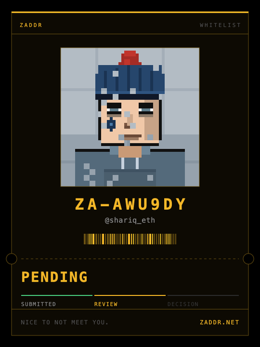 A digital card from ZADDR showing a pixel-art character with code 'ZA-AWU9DY', username '@shariq_eth', and a status of 'PENDING' under review.