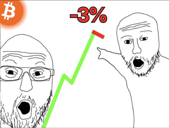 A meme showing two Wojak characters reacting to a Bitcoin price chart with a -3% drop, with the left Wojak (glasses, beard) in shock and the right Wojak pointing excitedly, illustrating the post's point about bears downplaying 30% pumps but overreacting to small 3% dips.