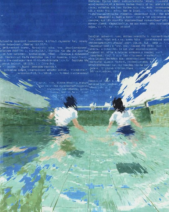 An anime-style illustration depicts two figures running across a flooded, reflective surface under a blue sky, with faint overlaid text visible in the background.