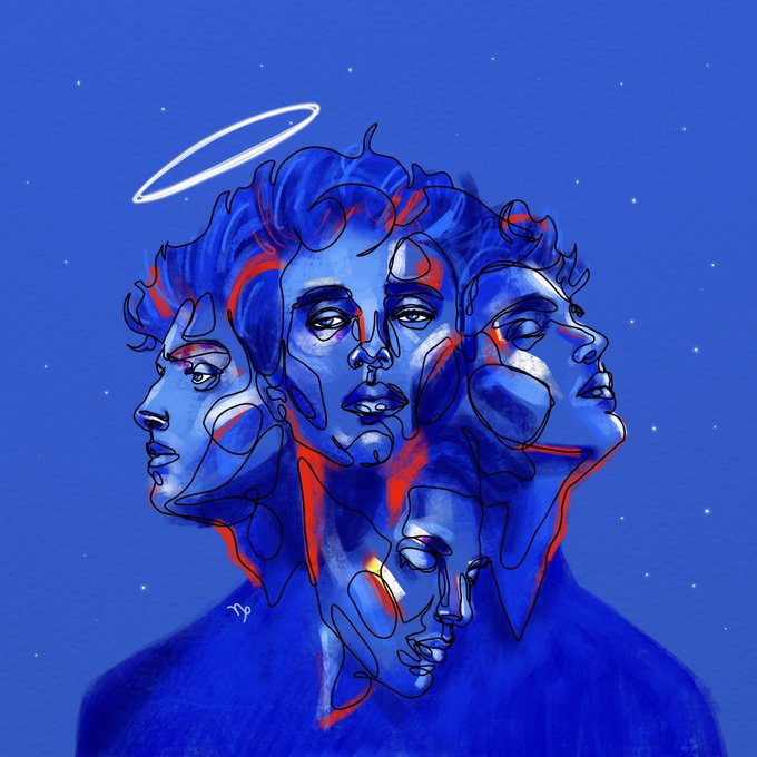 A surreal digital illustration shows a figure with multiple overlapping blue faces and eyes, accented with red, and a white halo above their head against a starry blue background.