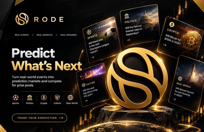 A promotional banner for 'RODE' predicting 'What's Next,' showcasing categories like Sports, Politics, Crypto, Culture, and Real-World, with sample questions about Messi, the Fed, Bitcoin hitting $100K, and SpaceX's Starship.