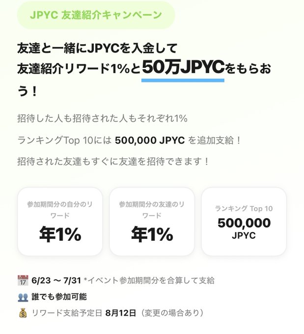 Japanese promotional graphic for the "JPYC 友達紹介キャンペーン" (JPYC Referral Campaign), highlighting an offer of 1% annual reward for both the referrer and the referred friend on JPYC deposits, plus a top-10 ranking bonus of 500,000 JPYC, running from 6/23 to 7/31 with rewards scheduled for payout on 8/12. The image visually reinforces the post's announcement of this Unifi referral program that rewards users for inviting friends to deposit digital yen (JPYC) during the campaign period.