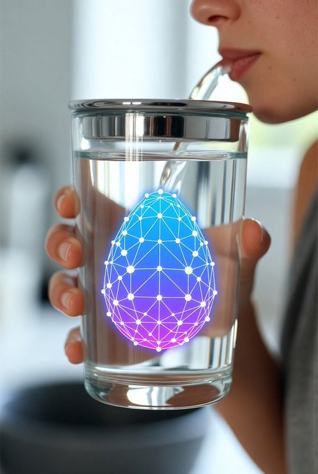 A person drinking from a glass of water that contains a glowing, colorful 3D geometric shape resembling a drop of liquid.