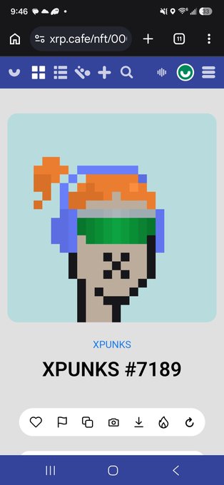 A screenshot from xrp.cafe/nft displaying an XPUNKS #7189 NFT, featuring a pixel art character with a green headband and orange hair against a blue background.