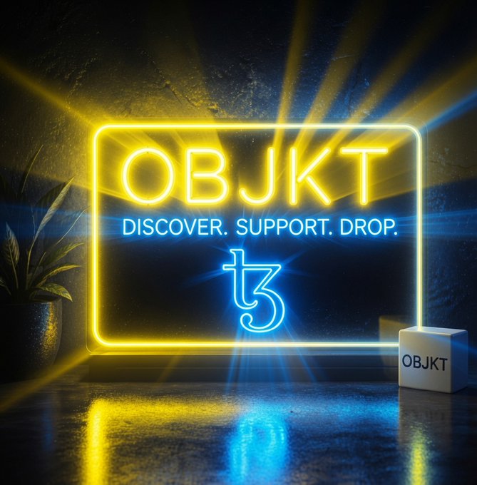 A glowing neon sign displaying 'OBJKT' with the tagline 'DISCOVER. SUPPORT. DROP.' and a TikTok-style logo, accompanied by a small cube on a reflective surface.