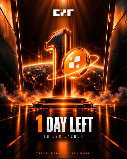 A promotional graphic for CZR exchange showing a large glowing '1' with a coin emblem, announcing '1 DAY LEFT TO CZR LAUNCH' with the tagline 'TRADE. EARN. ACCESS MORE.'