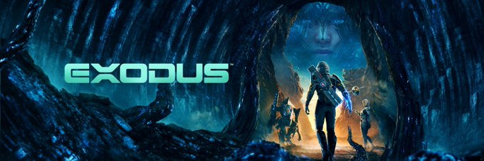 Promotional banner for a game titled 'Exodus' showing characters exploring a dark, alien-like cave with a large face carved into the rock in the background.