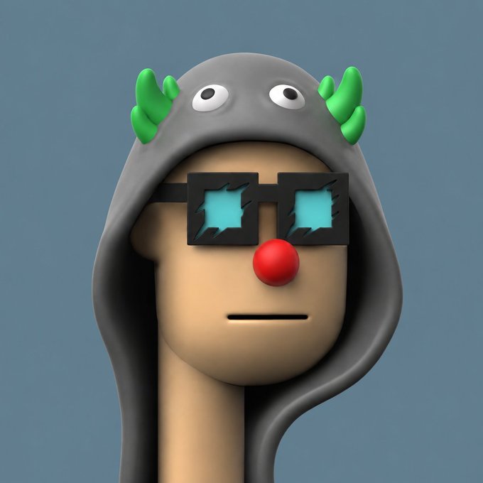 A 3D-rendered character wearing a gray hooded sweatshirt featuring small green hands/horns and cartoon eyes on top, pixelated glitch-style sunglasses, and a red clown nose, visually representing the quirky "Punks of Hood" NFT collection advertised in the post.