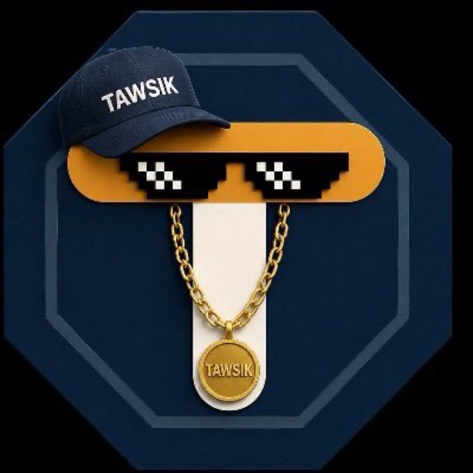 A pixelated orange character wearing "TAWSIK" sunglasses, a matching navy cap, and a gold "TAWSIK" medallion on a chain poses against a dark octagonal background, reflecting the post's introduction of the $TAWSIK token as a meme coin tied to an AI startup.